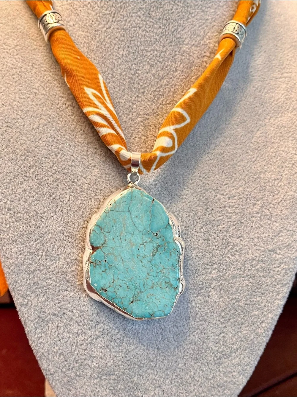 Boho, Festival Concert Turquoise “Dandelion” Bandana Scarf on Terracotta Bandana